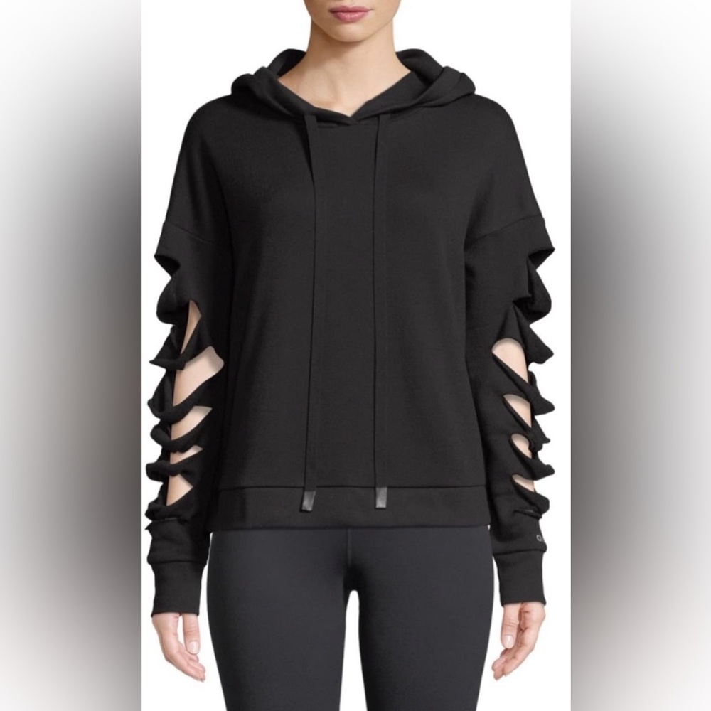 ALO Yoga Black Cutout-Sleeve Hoodie